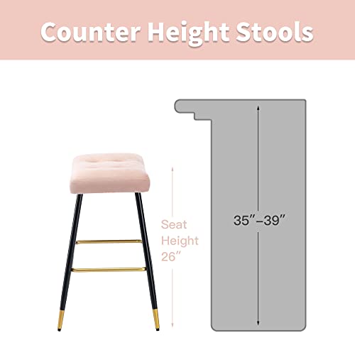Villeston Counter Height Bar Stools - Pink Velvet Saddle Seat Barstools 26 Inches Island Backless Chairs With Metal Legs For Kitchen Pub #TOP1