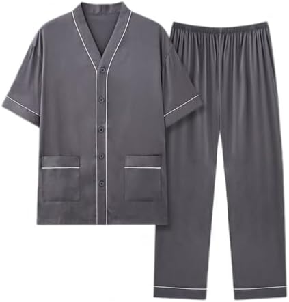 Yucahype Men's Pajamas, Summer Top and Bottom Set, Silky Satin Fabric, Smooth to the Touch, Room Wear, 2-Piece Set, Comfortable Sleep Pajamas, Loose, Cooling, Short Sleeve, Long Pants, Soft, Sweat
