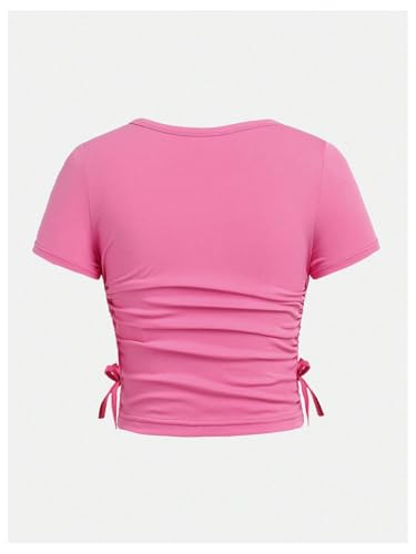 Image of SHENHE Girl's Cute Graphic Tee Bow Print Crew Neck Ruched Drawstring Fitted Crop Tshirt Top Pink 15 Years