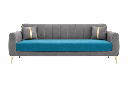 Image of Hermione Luxe Velvet-Suede Fabric Dual Tone 3 Seater Sofa | Golden Legs | Comfortable Seating | Modern Sofa for Living Room - Dark Gray & Aqua Blue
