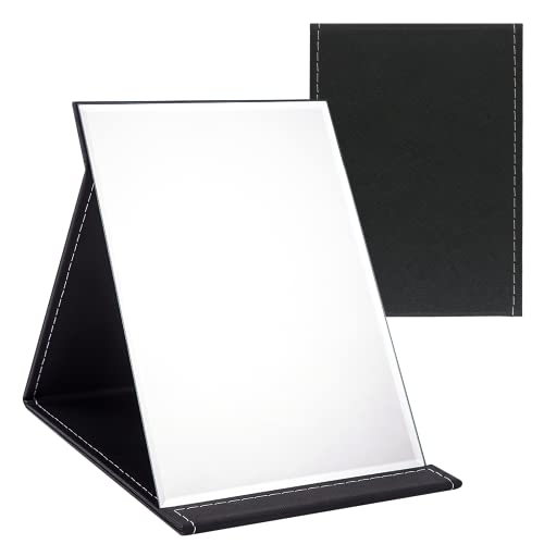 OWLKELA 16x12cm Portable Folding Mirror, Super HD Compact Makeup Mirror, Black PU Leather Travel Mirror, Free Standing Vanity Mirrors, Tabletop Foldable Mirror