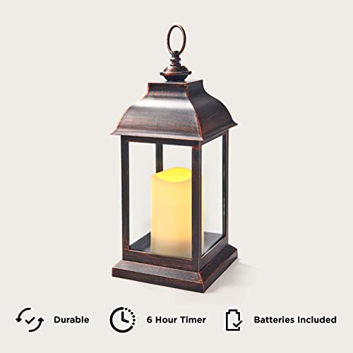 Lamplust Decorative Candle Lanterns With Led Candle -12 Inch Tall Battery Powered Dark Brown Lantern With 6-Hour Timer, Rustic Bronze Finish, Flickering Led Light, Autumn & Fall Decor #TOP3