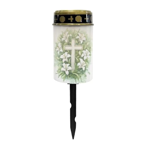 Image of Cross Lily Print Solar Garden Stake Lights Grave Lamp for Outdoor Cemetery Waterproof Dustproof Flameless Solar Lights Automatic Solar Light Solar Light Grave Decoration