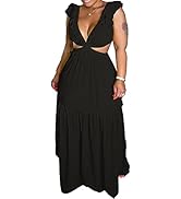 NRTHYE Women Summer Ruffles V-Neck Lace Up Open Back Maxi Long Dress Causal Beach Holiday Dresses