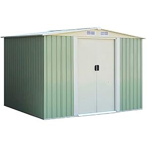 GYMAX Casetta da Giardino, 2 Porte Scorrevoli e 4 Sfoghi, Capanno in Lamiera di Acciaio e Lamiera Zincata, Ideale per Porta Attrezzi, Tosaerba, 257 x 205 x 180 cm