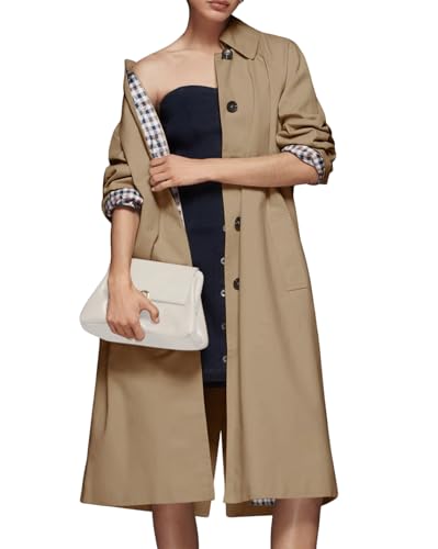 Aisongyuan Womens Long Trench Coat Single Breasted Lapel Plaid Lined Oversized Windproof Fashion Autumn Winter Outerwear(Khaki,XL)