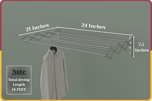 Image of Amiraj Foldable Wall Mounted Clothes Drying Stand |Heavy Duty Rust-Free Stainless Steel Zigzag Cloth Dryer Rack|7 Rod, 2 Feet |Space Saving Laundry Drying Rack for Balcony, Bathroom, Indoor & Outdoor