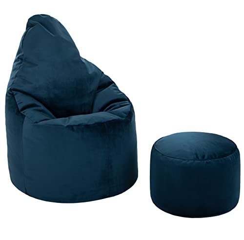 Loft 25 Capriccio Velvet Bean Bag Chair | Indoor Home Living Room Premium BeanBag Seat | Ergonomic Design for Body Support | Durable & Comfortable (Pacific, Bean Bag + Footstool)