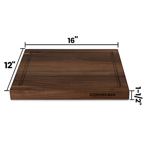 Image of CONSDAN Walnut Cutting Board for Kitchen, USA Grown Hardwood, 16 x 12, with Invisible Inner Handle, Prefinished with Food-Grade Oil, Suitable for Kitchen Edge Grain, 1-1 /2 inch Thick