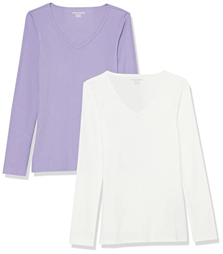 Image of Amazon Essentials Women's Slim-Fit Long Sleeve V-Neck Knit Rib Shirts, Pack of 2