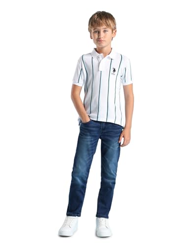 Image of U.S. Polo Assn. Kids Boy's White Striped Polo Collar Half Sleeve Casual Cotton Regular Fit T-Shirt