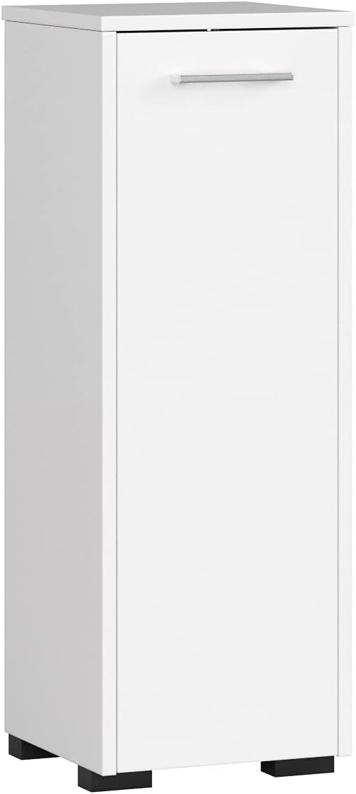 Home Collective Badezimmerschrank schmal in weiß mit 1 Tür und 2 Fächern, elegant mit silbernen Griffen, 82 cm hoch, 30cm breit und tief