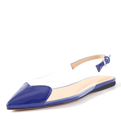 VogueVent Women's Fashion Pointed Toe Heart Transparent PVC Slingback Flat Shoes Comfort Slip On Cap Toe Clear Ballet Flats Work Wedding Dress Flat Shoes for Women Blue Size 10