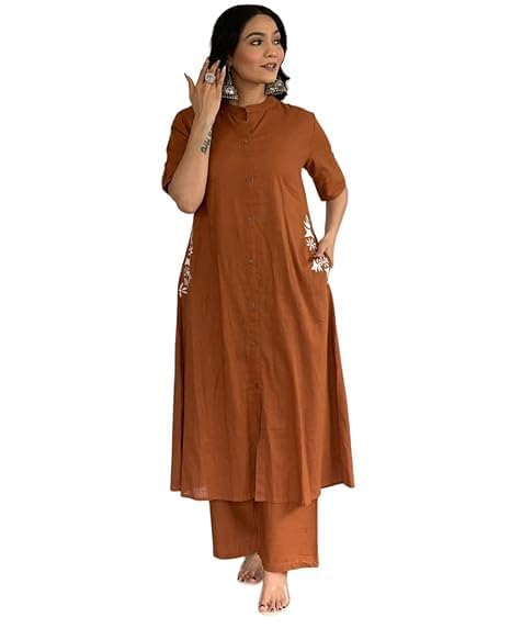 Women's Reyon Kurta Palazzo Set, Short Sleeves, Mandarin Collar, Rust Casual Wear,Embroidery on Both Pockets Traditional Indian Dress