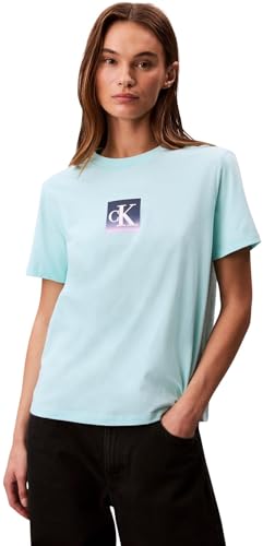 Calvin Klein Women’s Short Sleeve Classic Boxed Monogram T-Shirt with Logo, Turquoise (Tahiti Turquoise), XS