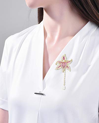 Image of Women's Cubic Zirconia Orchid Flower Brooch Crystal Floral Boutonniere Petal Lapel Pin Beastpin Bridal Wedding Jewelry with Tassel