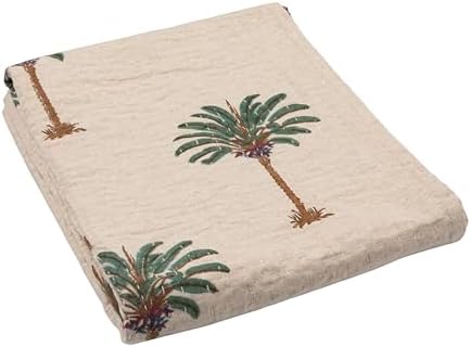 Creative Co-Op Cotton Linen Blend Block Printed Throw with Palm T...