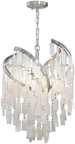 VAXCEL Isabel 4L Satin Nickel Coastal Glam Pendant Chandelier Light with Capiz Shells and Crystal