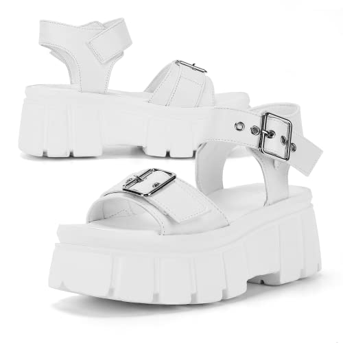 Tianxico Women's Chunky Platform Sandals,Lug Sole Goth Sandals Open Toe Punk White Platform Sandals With Multi Buckle (Lilu3-Wh Us8) #TOP3