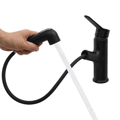 Mitigeur monocommande avec douchette extensible | 2 types de jet et valve en céramique | Compatible haute pression et basse pression | Robinet de lavabo moderne pour salle de bain (noir)