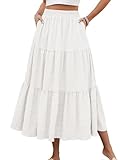 HUSKARY White Maxi Skirts for Women Casual Summer Elastic High Waisted Long Flowy Skirt Loose Ruffle Tiered Skirts,White,Small
