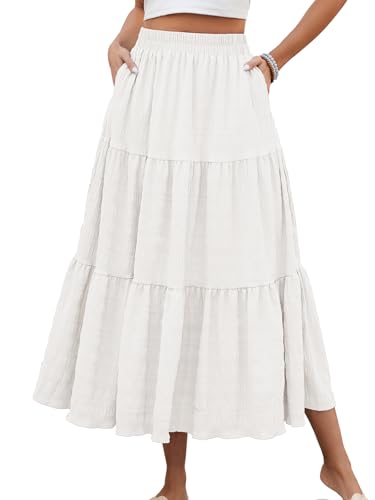 HUSAKRY HUSKARY Women's Summer Casual Elegant Smock Layered Tiered Maxi Skirt High Waisted A Line Flowy Long Skirts with Pockets