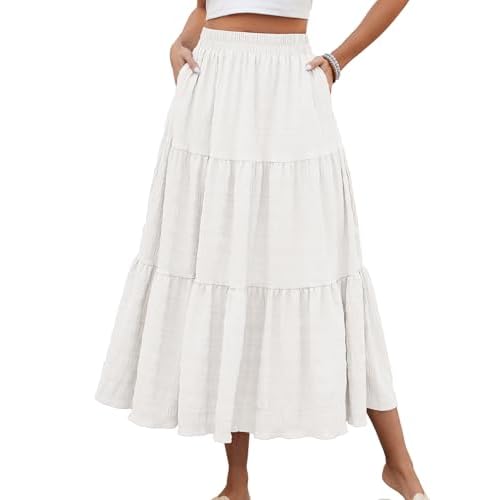 HUSKARY Women's Summer Casual Elegant Smock Layered Tiered Maxi Skirt High Waisted A Line Flowy Long Skirts with Pockets X-Large White