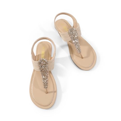 DREAM PAIRS DREAM PAIRS Women's Elastic Strappy String Thong Ankle Strap Summer Gladiator Sandals,Size 8.5,Nude,SPPARKLY