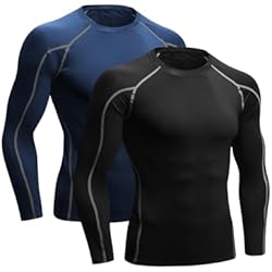 Niksa 2 Piezas Camisetas de Fitness Compresión Ropa Deportiva Manga Larga Hombre para Correr, Ejercicio,Gimnasio 1059 (Large(Fit Chest 37´´-39´´), (Manga Larga) Negro Gris+Azul Marino)