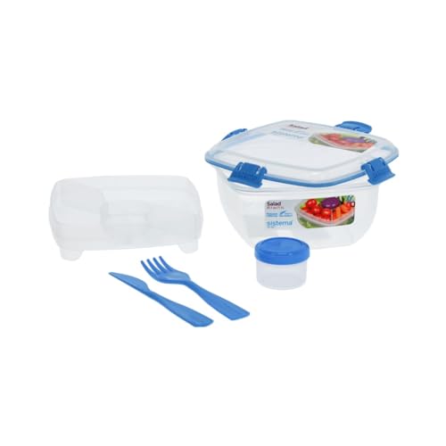 Sistema Salad TO GO | Lunch Box with Individual Compartments, Travel Cutlery & Dressing Pot| 1.1L | BPA-Free | Assorted Colours