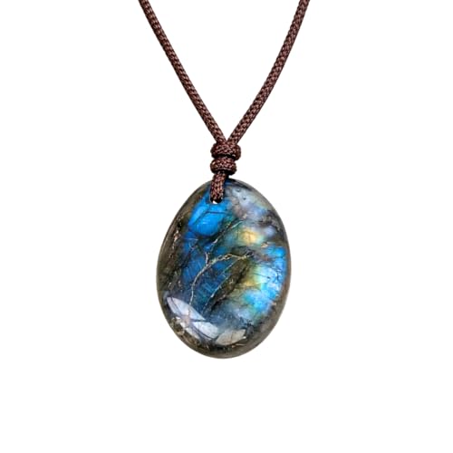 LLUXIA Collier en Labradorite Naturelle – Pendentif Ovale Poli avec Cordon Marron Réglable – Bijou Énergétique pour Homme et Femme – Lithothérapie – Bijou à la Mode