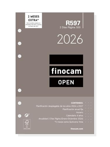 Finocam   Recambio agenda Open 2026 2 Días Página | Enero   Diciembre (12 meses) | Recambio anual agenda R597 con 6 taladros   Español