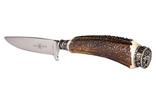 Foto von Holz-Leute Trachtenmesser, Jagdnicker, Hirschfänger für die Lederhose aus Hirschhorn mit Hirschkappe versilbert, echt bayrisch, ideal für Trachtler und Jäger