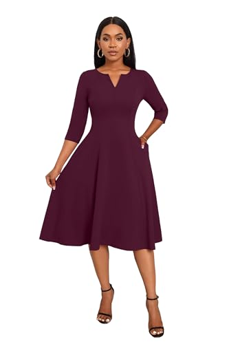 Image of Nmoder Midi Dresses for Women A-Line Fit and Flare Dress 3 /4 Sleeve V Neck Cocktail Wedding Guest Work Dress with Pockets