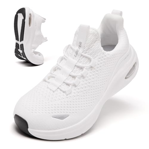 LOCFIR Wide Toe Box Sneakers for Women with Arch Support | Slip On Walking Shoes for Plantar Fasciitis | Thick Cushion | Wide Width Tennis Comfort Nurses Shoes White Size 8.5