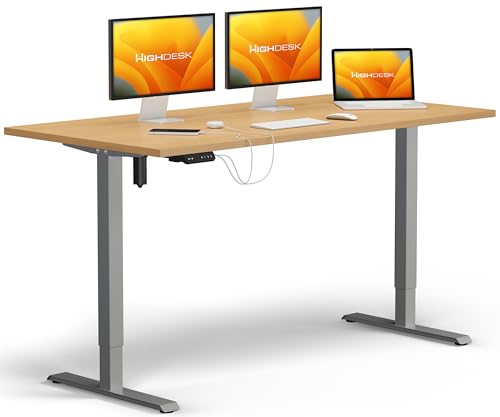 KRIEG HighDesk SMART Höhenverstellbarer Schreibtisch 160 x 80 cm I Silber + Buche - Elektrischer Sitz- & Stehtisch mit Tischplatte - Stehschreibtisch Elektrisch Höhenverstellbar
