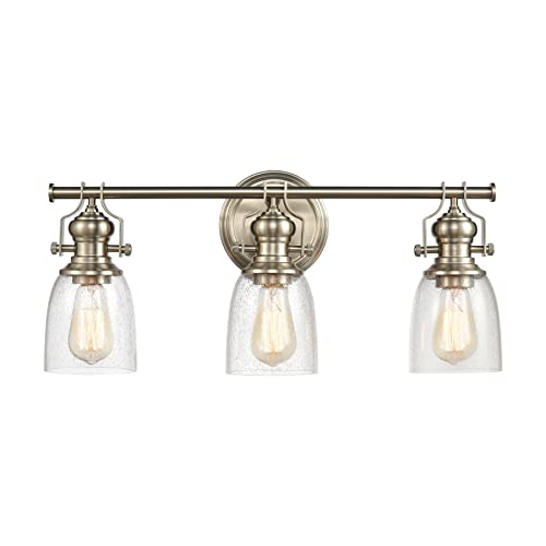 Image of Elk Home Chadwick 3-Light Industrial Vanity Wall Sconce - Satin Nickel, Seeded Glass Shade, 12 Inch Wide