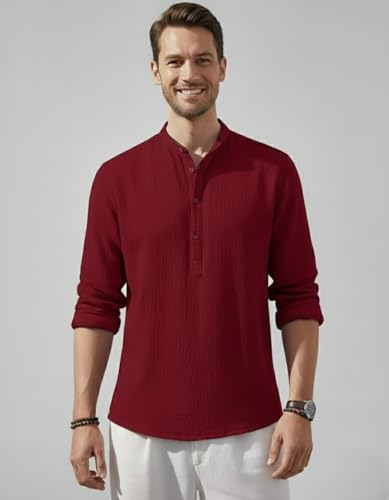Image of Men's Cotton Blend Straight Kurta Shirt with Mandarin Collar - Slim Fit Casual Short Kurti Featuring Textured Slub Fabric and Roll-Up Full Sleeves