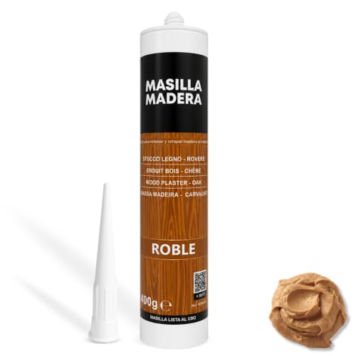 Masilla Madera Roble, Ideal para rellenar y y reparar madera al interior, Masilla lista al uso, Rellenadora de agujeros, Formato cartucho para pistola, Color Roble, Contiene 400 gramos