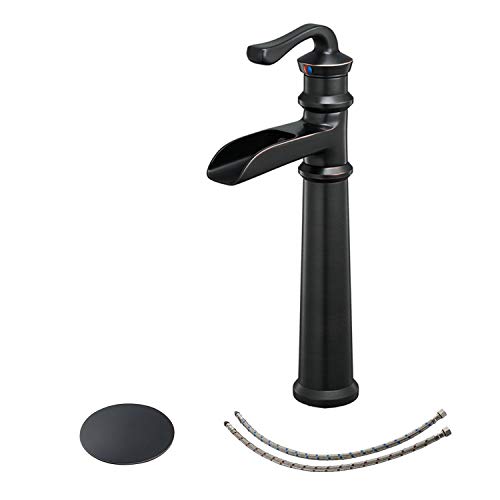 BWE Vessel Sink Faucet Waterfall Bathroom Oil Rubbed Bronze with Pop Up Drain Assembly and Supply Hose Lead-Free Single Handle One Hole Commercial Deck Mount