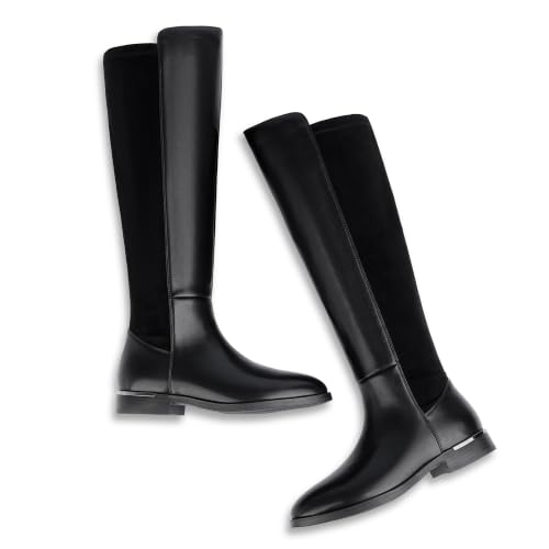 Image of Modatope Rounded Toe Flat Stretchy Dress Knee High Boots Side Zipper | Suede Elastic Fall Winter Boots, Low Chunky Block Heel Riding Boots,2026 Fashion Womens Tall Long Boots