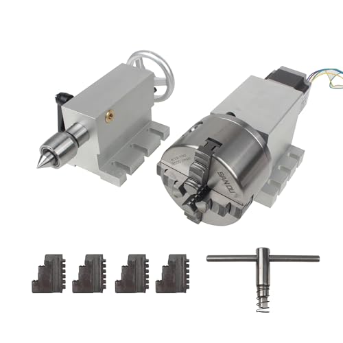 CNCTOPBAOS CNC Router Engraving Machine Rotary 4th Axis,Dividing Head Rotation A Axis,K12-100mm 4 Jaw Chuck,No Backlash Harmonic Reduction Gearbox 50:1+Nema23+MT2 Tailstock for Lathe Milling Machine