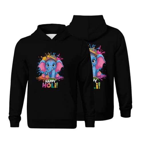 Kids Cute Elephant Happy Holi! Boys Girls Lightweight Kangaroo Pocket Fleece Hoodies