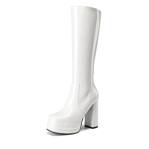 DREAM PAIRS Women's Platform Heeled Knee High Boots, Long Chunky Tall Gogo Boots for Fall 6 White-pat