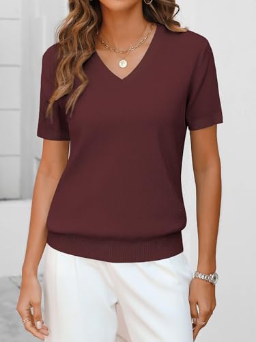 Image of ANRABESS Women Wool Blend Sweater Summer 2026 Short Sleeve V Neck Pullover Top Business Casual Outfit Beach Vacation Clothes