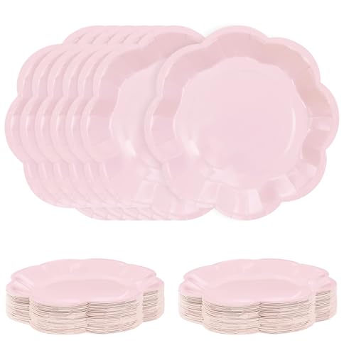 SietDESEO 50 PCS Light Pink Paper Plates 7 Inch Scalloped Dessert Plates Pink Disposable Plate for Party Dinner Wedding Baby Shower Birthday Cake Plate