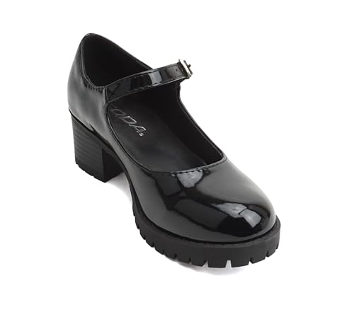 Soda Boxer-2 Kids/Children/Girls Lug Sole Block Heel Mary Jane with Adjustable Strap4