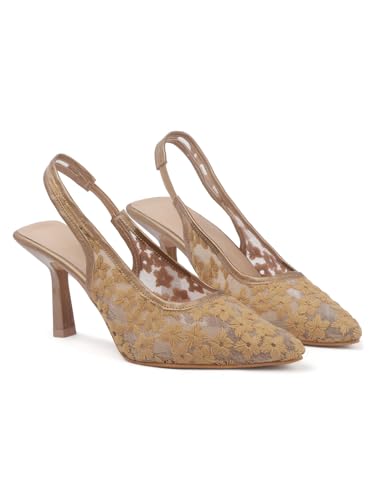 Image of TRYME Women's Floral Embroidered Mesh Mules Style Pointed Toe Slingback Stilettos Heel Sandals