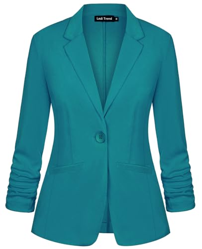 Womens Blazer Jacket Suit Notched Lapel Button Blazers Ruched 3/4 Sleeve Tailored Jacket Coat Workwear(Darkcyan 2XL)