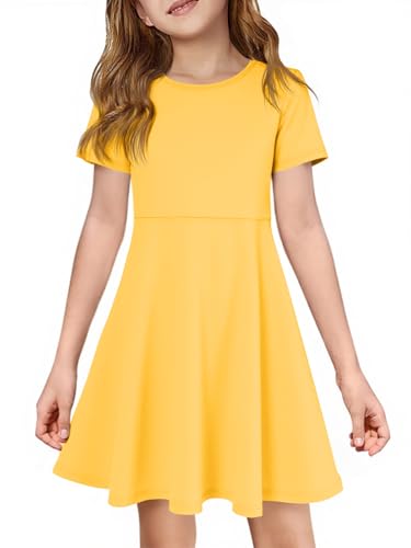 Imily Bela Girls Summer Short Sleeve Dress A Line Swing Basic Skater Twirl Party Dresses 5-14 Years Yellow